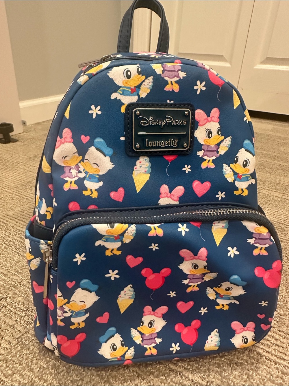 Disney Parks Loungefly Donald Daisy Ice Cream Mini Backpack Mickey Balloon Print